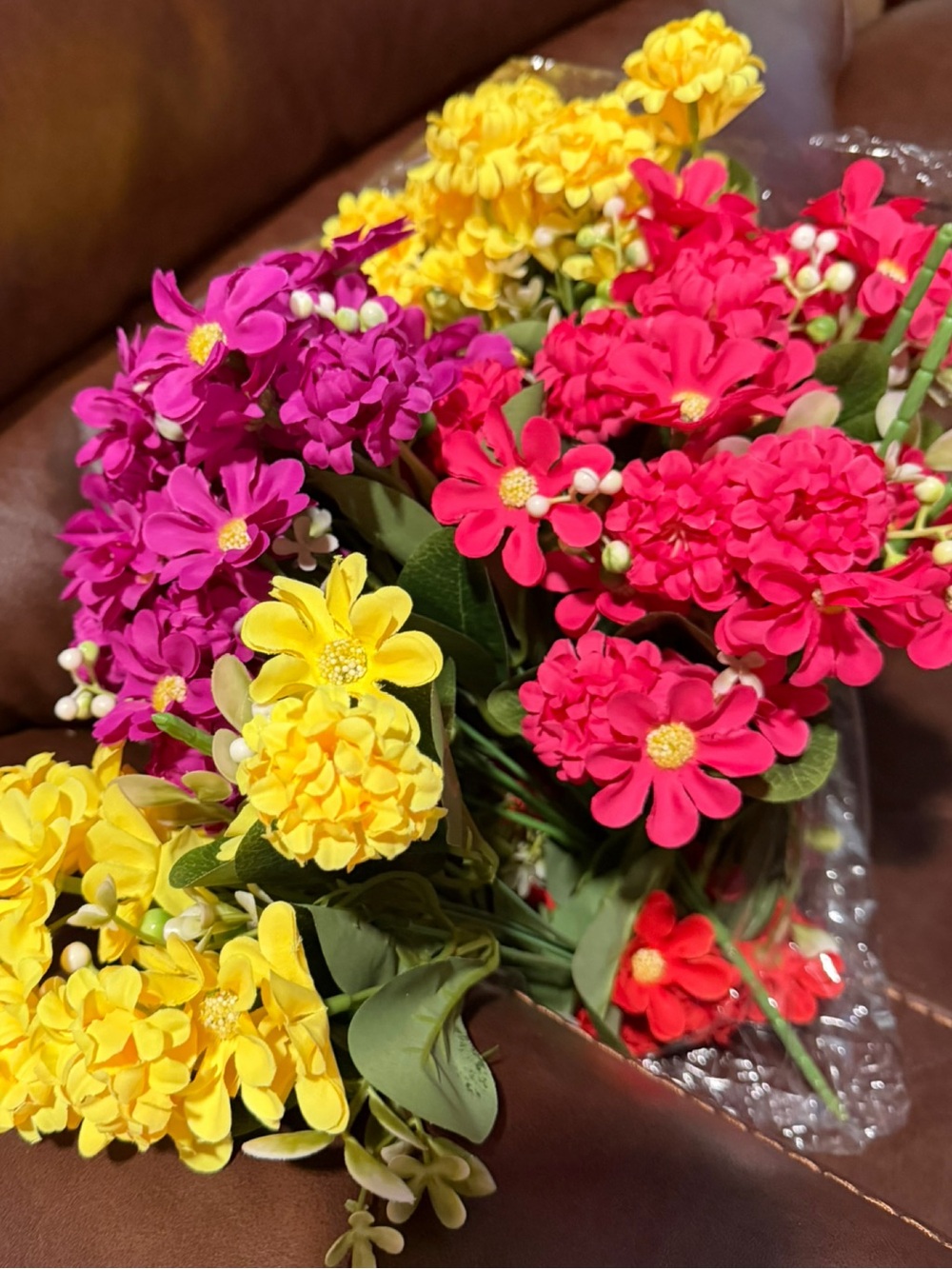 Bright Mixed Artificial Flower Bouquet - Yellow, Pink, Fuchsia